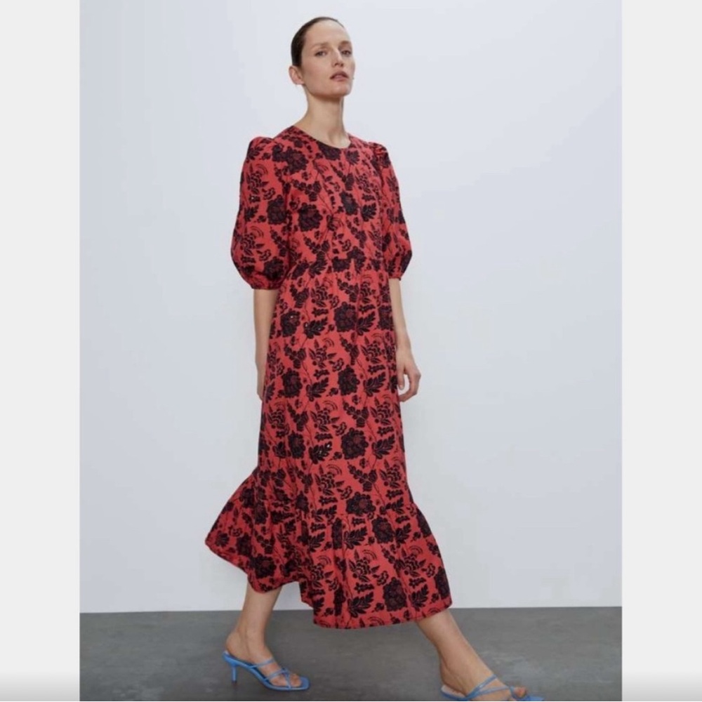 Zara Red and Black Floral Midi Dress